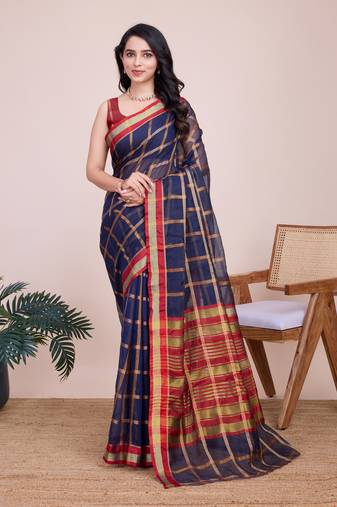 Navy cotton silk jacquard fancy saree