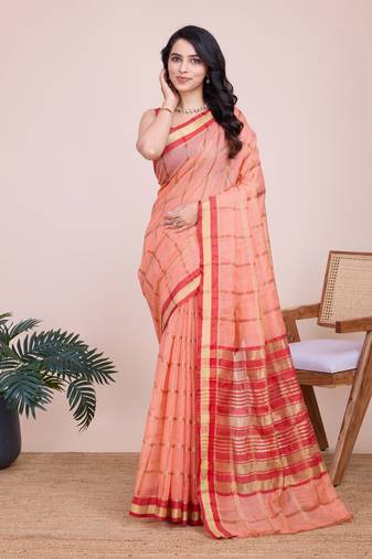 Peach cotton silk jacquard fancy saree