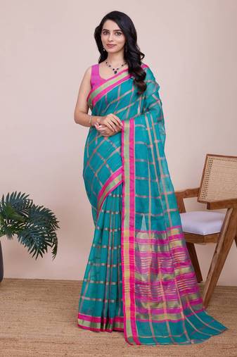 Seagreen cotton silk jacquard fancy saree