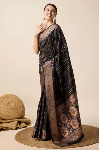 Black soft litchi art banarasi silk saree