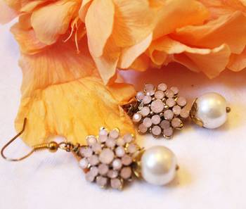 Pink Crystal Flower And Pearl Earrings 1