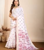 Pink maslin cotton printed & hand work fancy saree
