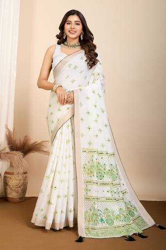Pista maslin cotton printed & hand work fancy saree