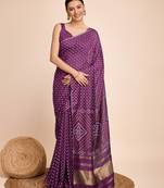 Purple semi cotton bandhani printed saree