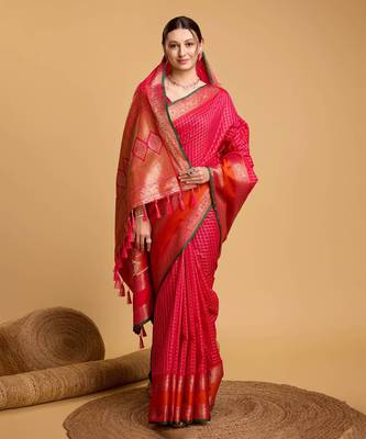 Pink soft litchi art banarasi silk saree 1