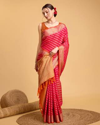 Pink soft litchi art banarasi silk saree 4