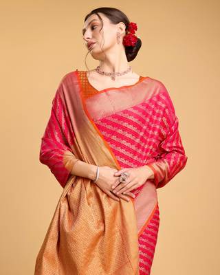 Pink soft litchi art banarasi silk saree 5