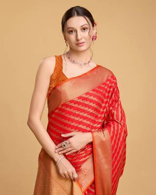 Red soft litchi art banarasi silk saree 5