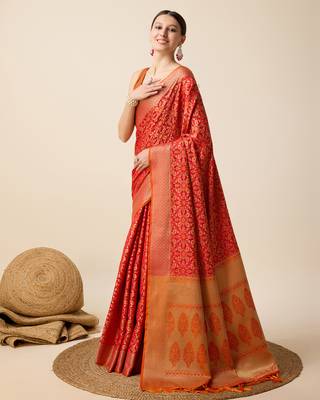 Orange soft litchi art banarasi silk saree 2
