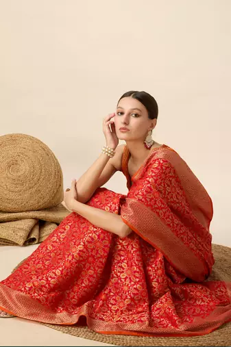 Orange soft litchi art banarasi silk saree