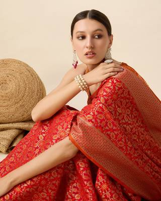 Orange soft litchi art banarasi silk saree 4