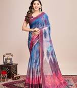 Blue linen printed bollywood saree
