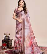 Brown linen printed bollywood saree