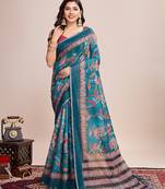 Firozi linen printed bollywood saree