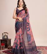 Grey linen printed bollywood saree