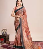 Orange linen printed bollywood saree