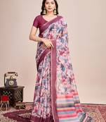 Pink linen printed bollywood saree
