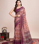 Purple linen printed bollywood saree