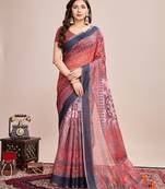 Red linen printed bollywood saree