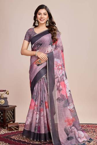 Wine linen printed bollywood saree