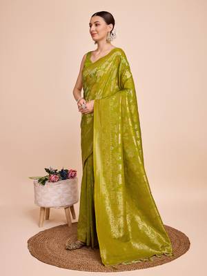 Olive soft litchi art banarasi silk saree 2