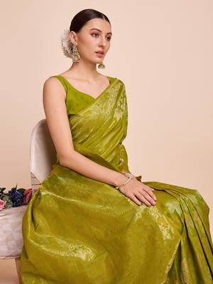 Olive soft litchi art banarasi silk saree 5