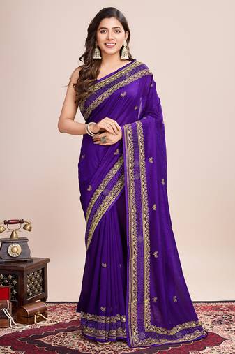 Violet art vichitra silk embroidered work saree