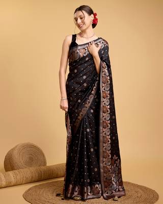 Black soft litchi art banarasi silk saree 4
