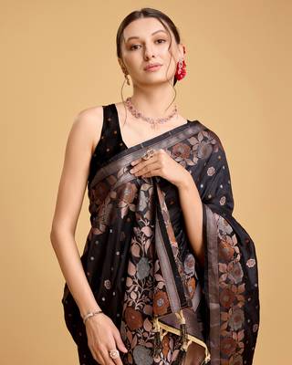 Black soft litchi art banarasi silk saree 5
