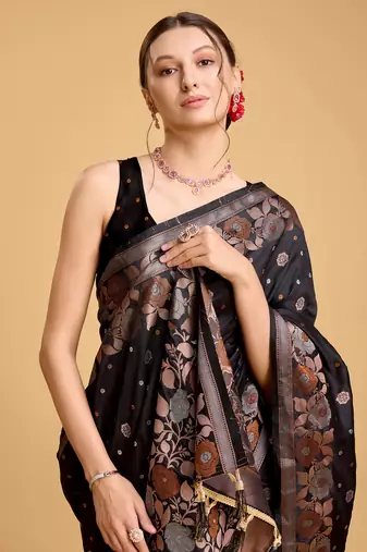 Black soft litchi art banarasi silk saree
