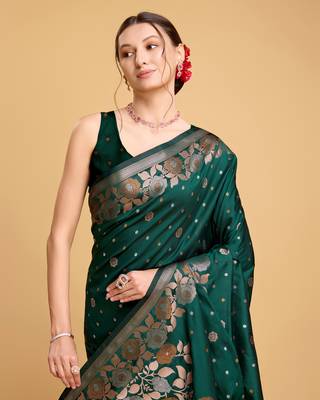 Green soft litchi art banarasi silk saree 5