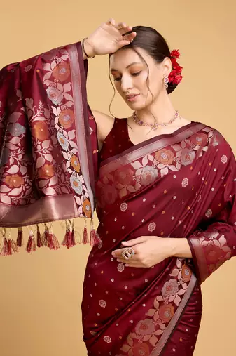 Maroon soft litchi art banarasi silk saree