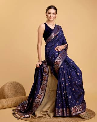 Navy soft litchi art banarasi silk saree 4