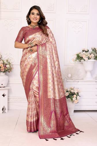Beige soft litchi art banarasi silk saree