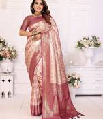 Beige soft litchi art banarasi silk saree