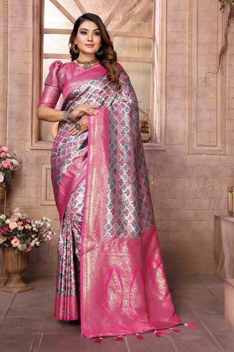Pink soft litchi art banarasi silk saree