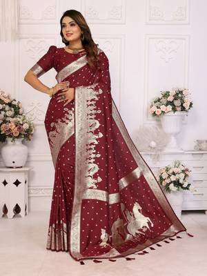 Maroon soft litchi art banarasi silk saree 1