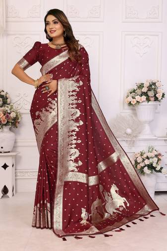 Maroon soft litchi art banarasi silk saree
