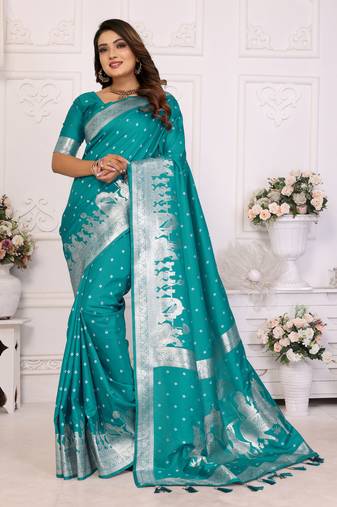 Turquoise soft litchi art banarasi silk saree
