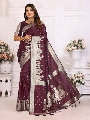 Wine soft litchi art banarasi silk saree 1