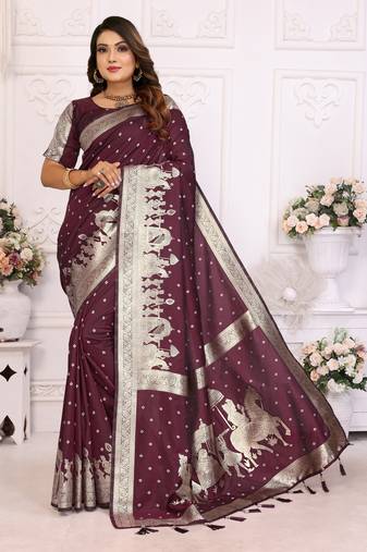 Wine soft litchi art banarasi silk saree