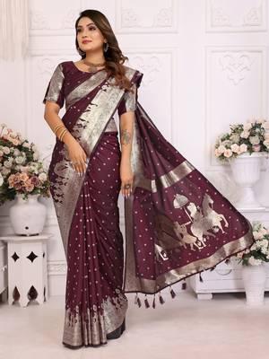 Wine soft litchi art banarasi silk saree 2