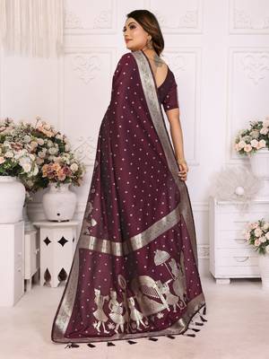 Wine soft litchi art banarasi silk saree 3