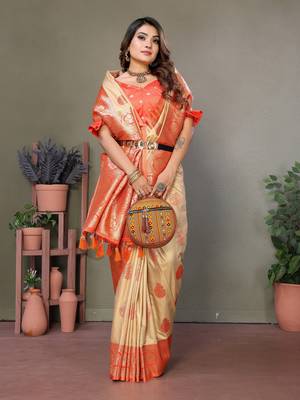 Orange viscoseart banarasi silk saree 1