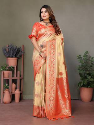 Orange viscoseart banarasi silk saree 2