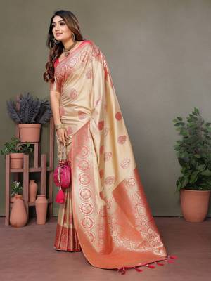 Peach viscoseart banarasi silk saree 2