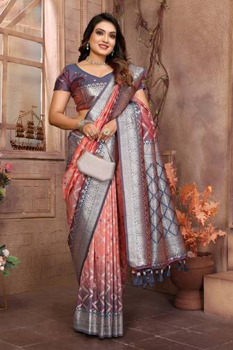 Peach soft litchi art banarasi silk saree