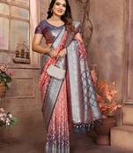 Peach soft litchi art banarasi silk saree