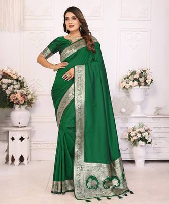 Green soft litchi art banarasi silk saree 1