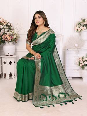 Green soft litchi art banarasi silk saree 2